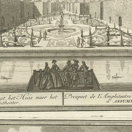Antique Print of the Gardens of Assumburg Castle by De Leth, circa 1730, close-up 1