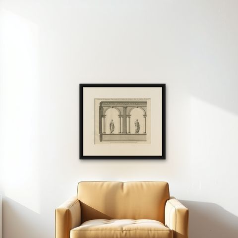 Copper Engraving of a Section of the Royal Botanic Gardens, Kew, London, 1776, shown framed on a wall, true to size