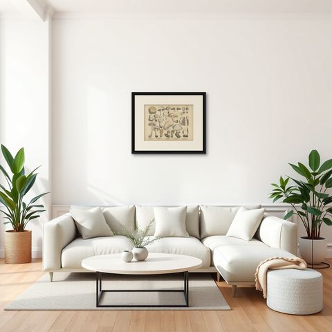 Agaricus Mushrooms, Antique Botanical Lithograph, German Mycology 1885, shown framed in a room, true to size