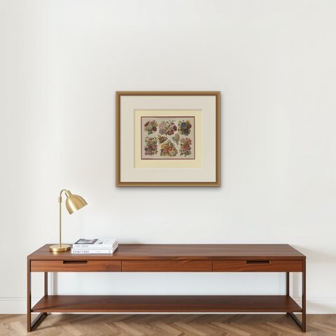 Antique Print of Various Flowers by Meyer 'c.1895', shown framed on a wall, true to size