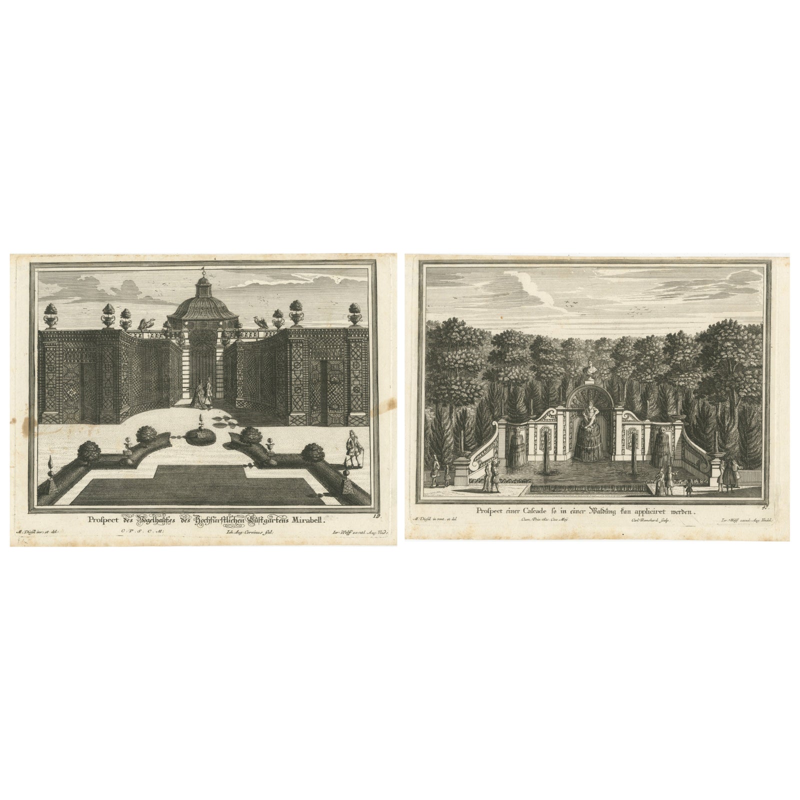 Pair of 17th-Century Garden Engravings, Mirabell Pavilion & Cascade, ca. 1670