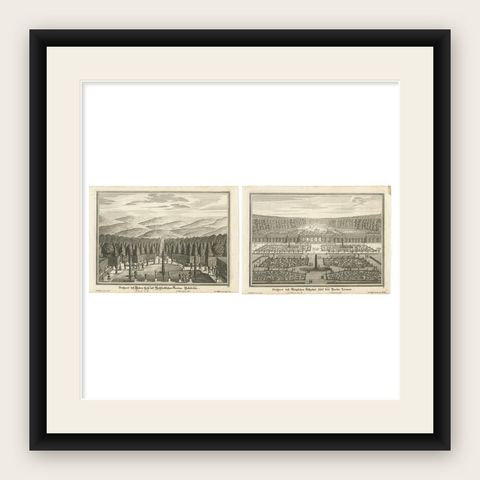Pair of 18th-Century Garden Engravings, Hellbrunn & Trianon, Baroque Views, shown framed
