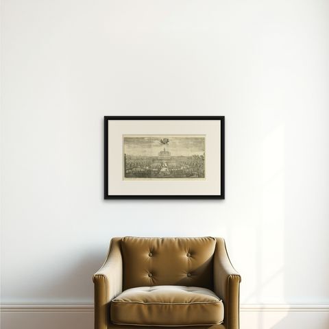 The Ekolsund Castle and Gardens in Sweden in Swidde's 1695 Engraving, shown framed on a wall, true to size