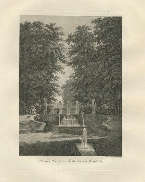 Set of Two Saint-Cloud Garden Fountain Engravings by Baltard, Paris, 1803, close-up 1