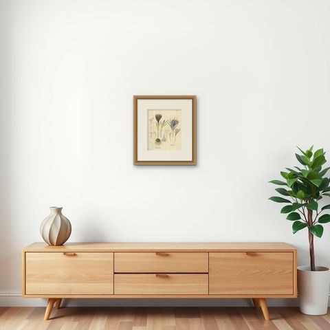 Antique Saffron Botanical Engraving, Crocus Sativus, Hand Colored, c.1831, shown framed on a wall, true to size