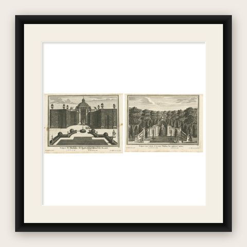 Pair of 17th-Century Garden Engravings, Mirabell Pavilion & Cascade, ca. 1670, shown framed
