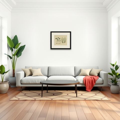 Frogbit and Spiral Tape Grass Water Plants, Antique Bertuch Print, circa 1818, shown framed in a room, true to size