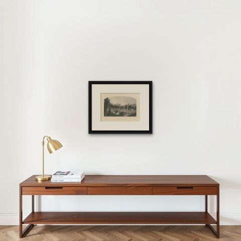 Antique Print of Figures in the Garden of Hampton Court Palace, 'c.1860', shown framed on a wall, true to size