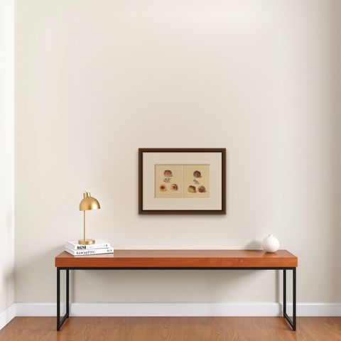 Set of Two Antique Prints of Various Peach Varieties, shown framed on a wall, true to size