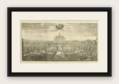 The Ekolsund Castle and Gardens in Sweden in Swidde's 1695 Engraving, shown framed