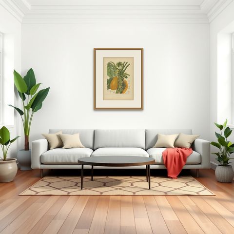 Antique Papaya Botanical Chromolithograph by Hoola van Nooten, c. 1880, shown framed in a room, true to size
