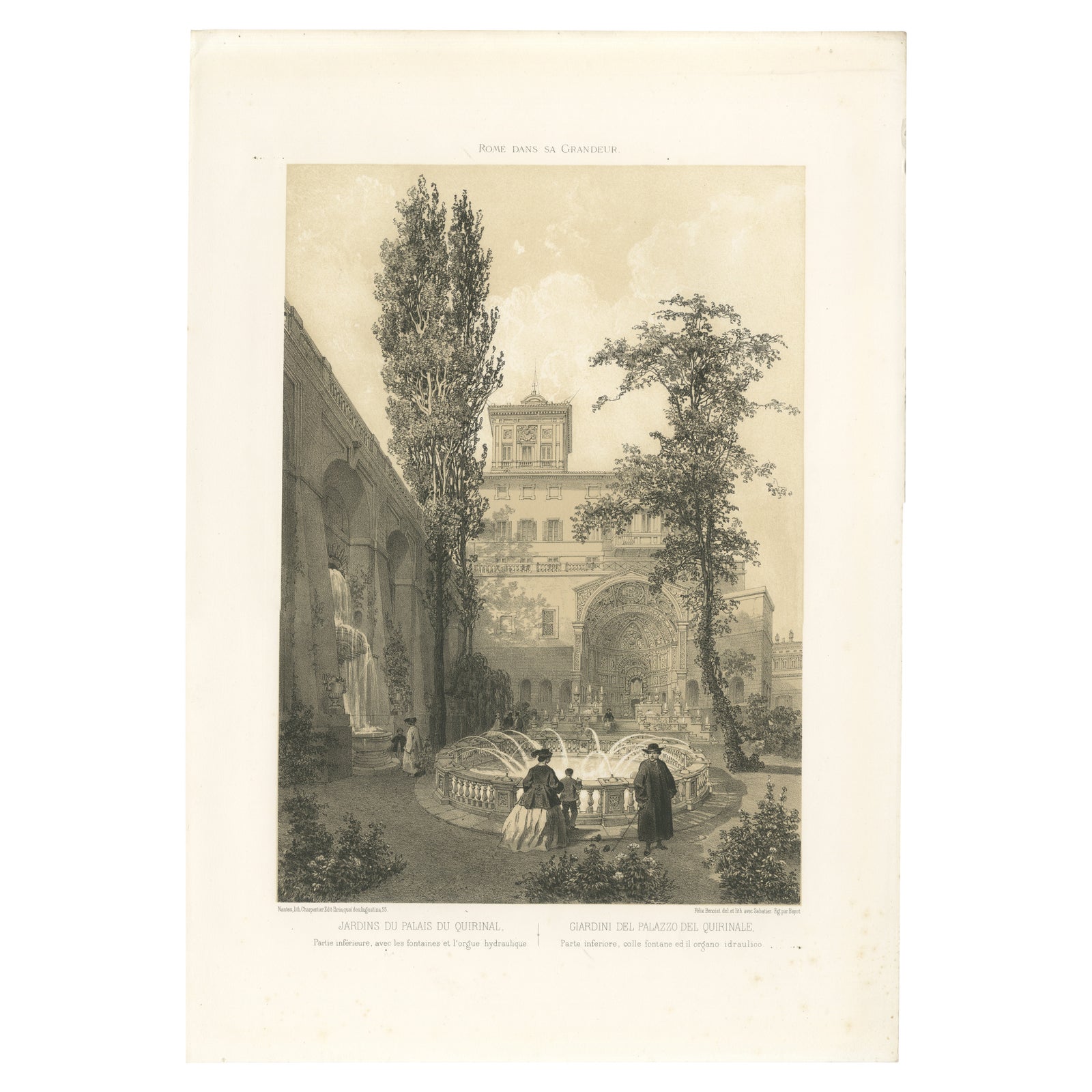 Gardens of the Quirinal Palace, Rome, Elegant Fountain Scene, 1868