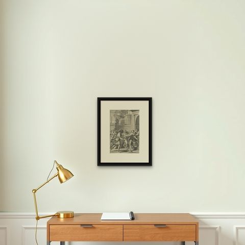 Antique Print of Harmonillus Turning into a Lemon Tree, 1646, shown framed on a wall, true to size