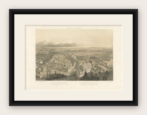 Rome Vatican Palace and Gardens from St Peter’s Dome, Benoist 1869 Lithograph, shown framed