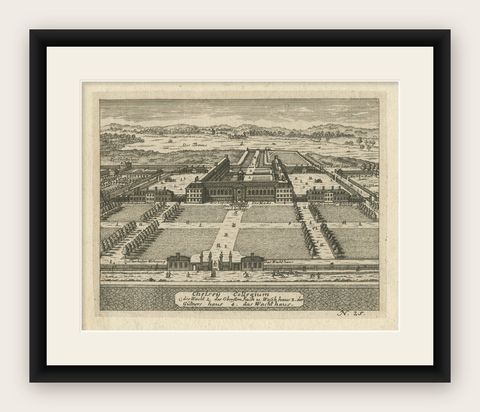 Antique Engraving of Chelsea College, View with Formal Gardens, ca.1705, shown framed