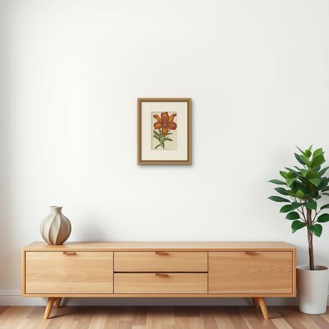 Exquisite Hand-Colored Botanical Print of a Siberian Lily (Lilium Pensylvanicum), shown framed on a wall, true to size