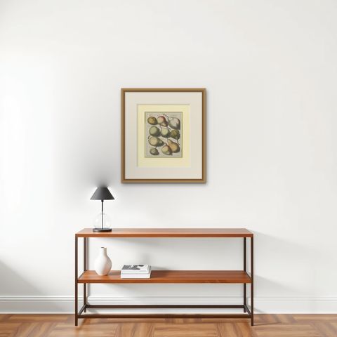 Tab II Antique Print of Various Pears by Knoop '1758', shown framed on a wall, true to size