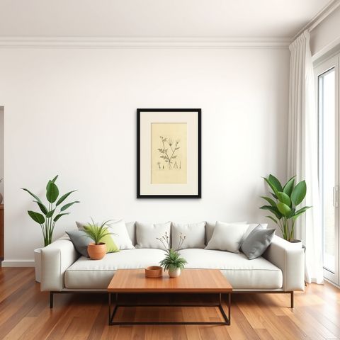 Antique Botany Print of Scandix Pecten-Veneris by Curtis 'circa 1817', shown framed in a room, true to size