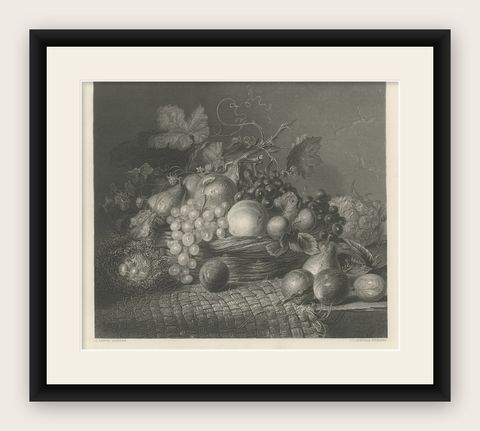 Antique Print of a Still life with a Basket of Autumn Fruit and Brambles, ca1860, shown framed