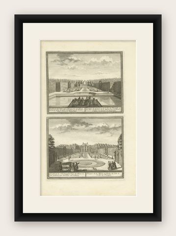 Antique Print of the Gardens of an Estate in Heemskerk, Holland, circa 1730, shown framed