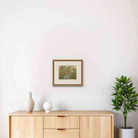 Original Antique Lithograph of Various Carnivorous Plants, circa 1890, shown framed on a wall, true to size