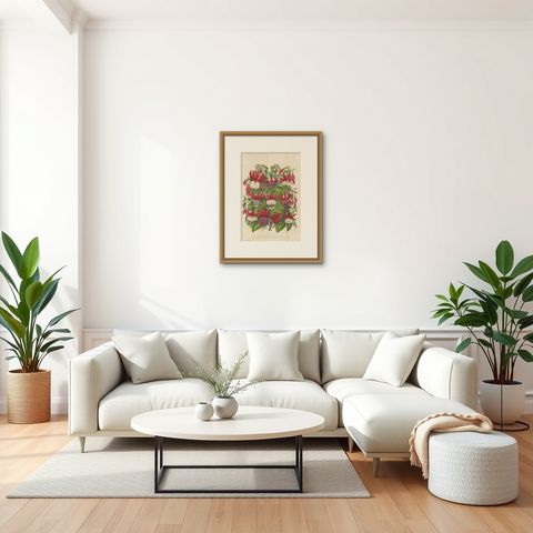 Antique handcolored Botany Print of Fuchsia Species, 1863, shown framed in a room, true to size