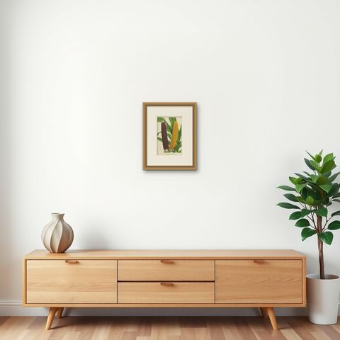 Vibrant Varieties: Showcasing Red and Yellow Maize in Botanical Art, c. 1875, shown framed on a wall, true to size