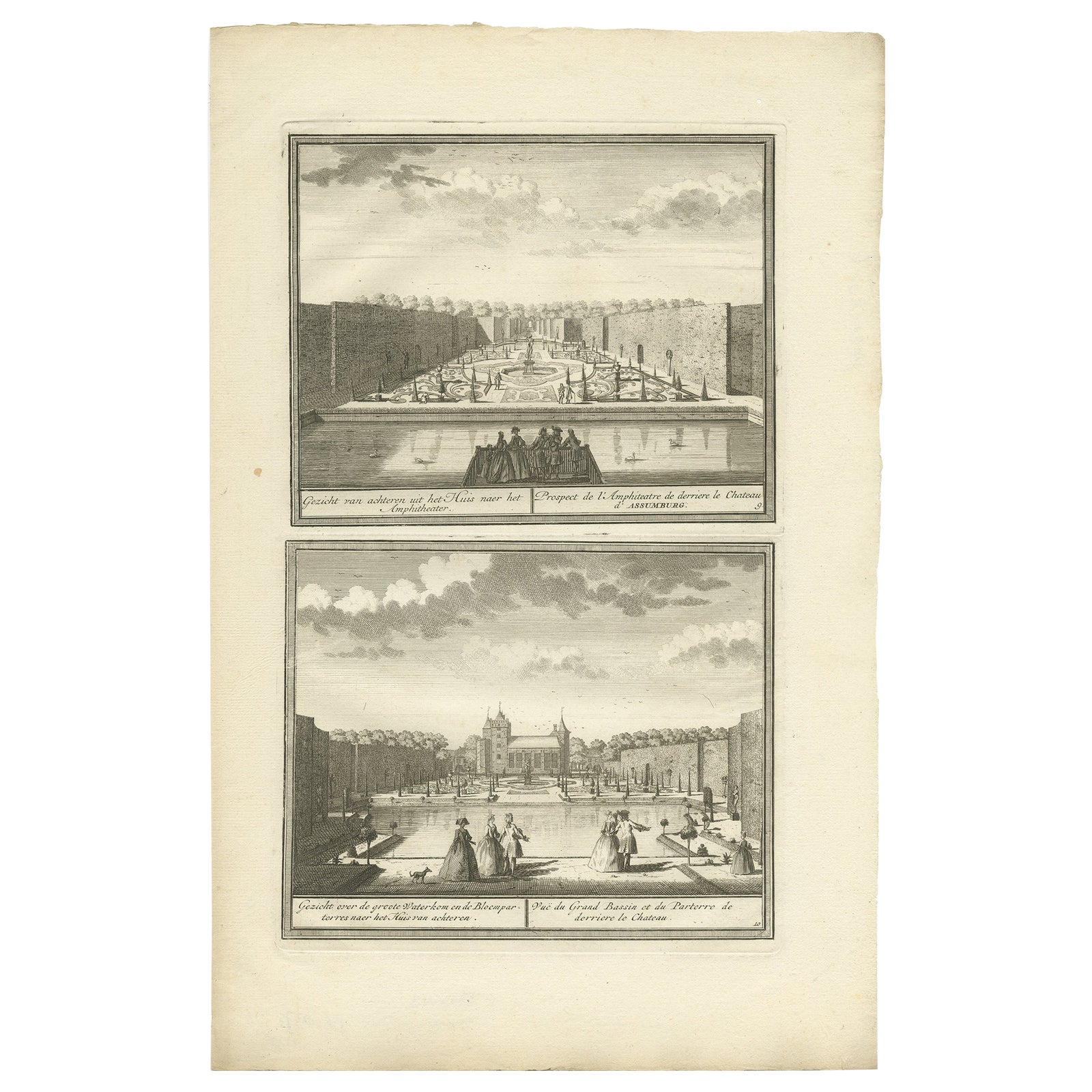 Antique Print of the Gardens of Assumburg Castle by De Leth, circa 1730