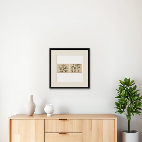 Parasol & Boletes Mushrooms, Antique Botanical Lithograph Set, 1885, shown framed on a wall, true to size