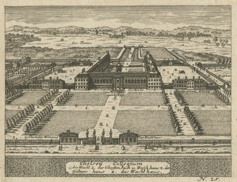 Antique Engraving of Chelsea College, View with Formal Gardens, ca.1705, close-up 5