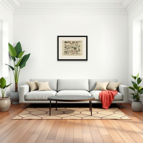 Morels & Truffles, Antique Botanical Lithograph, European Fungi 1885, shown framed in a room, true to size