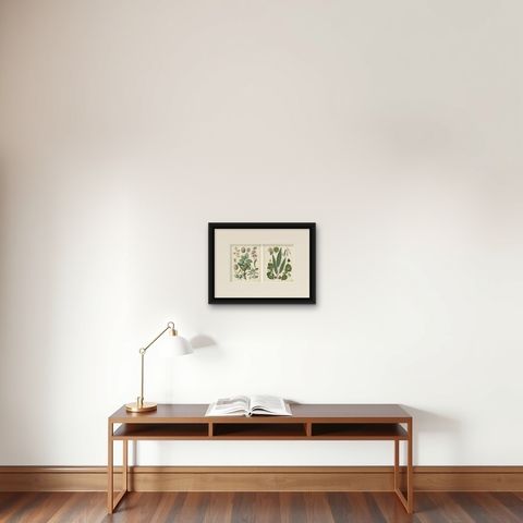 Antique Nut & Tree Botanical Chromolithographs, Walnut & Chestnut, Calwer 1854, shown framed on a wall, true to size