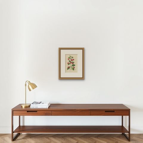 Red Achimenes Flower Botanical Lithograph, Charles Morren, 1845, shown framed on a wall, true to size