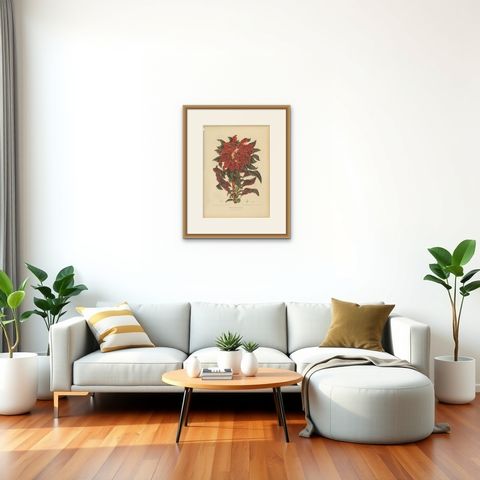 Original Antique Botanical Chromolithograph of Joseph's Coat, ca.1880, shown framed in a room, true to size