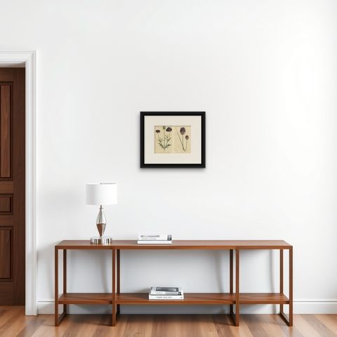 Set of 2 Antique Botany Prints, Sweet Scabious, Purple-Headed Garlic, shown framed on a wall, true to size