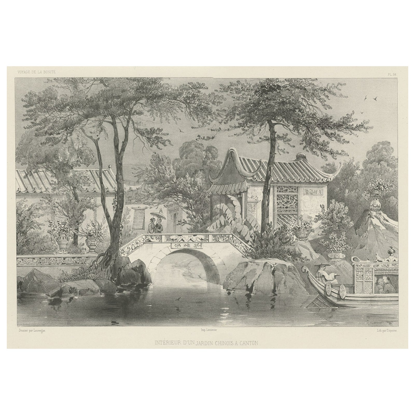 Antique Print of a Garden in Guangzhou in China, circa 1850