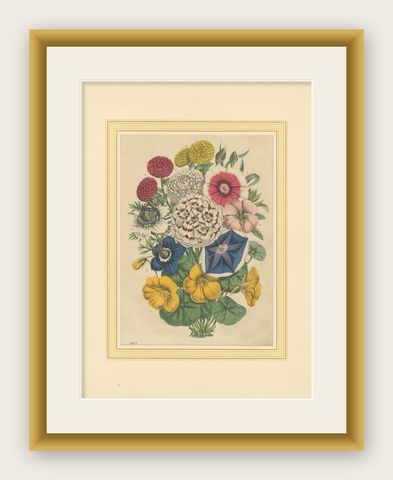 Victorian Floral Bouquet with Garden Blooms from Book of Worlds, 1863, shown framed
