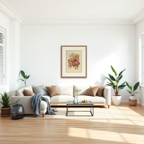 Antique Royal Poinciana Botanical Chromolithograph by Hoola van Nooten, c. 1880, shown framed in a room, true to size