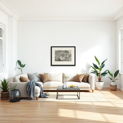 Antique Print of a Garden in Guangzhou in China, circa 1850, shown framed in a room, true to size
