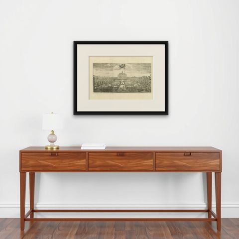 Baroque Grandeur: The Rosersberg Palace Gardens in Swidde's 1695 Engraving, shown framed on a wall, true to size
