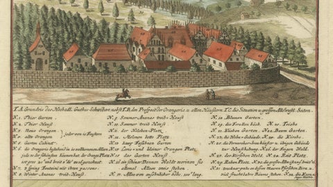 Grand Baroque Garden Estate View, Schwöbber Palace, Hand-Colored, 1708, close-up 5