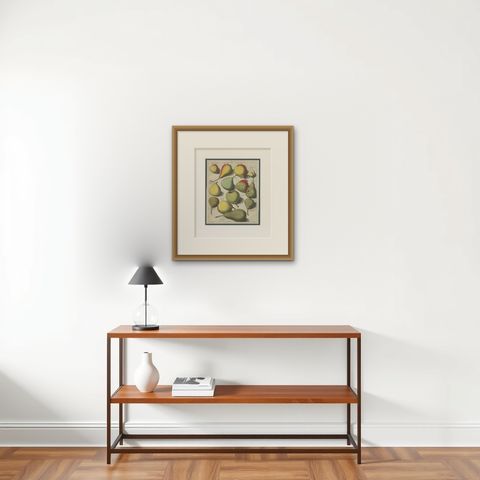 Tab I Antique Print of Various Pears by Knoop (1758), shown framed on a wall, true to size