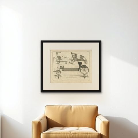 French Garden & Hunting Carriage Designs, Diderot Encyclopédie, 1771, shown framed on a wall, true to size