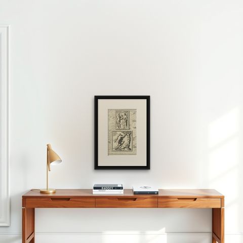 Antique Print of Hercules in the Garden of Hesperides by Volckamer, circa 1710, shown framed on a wall, true to size
