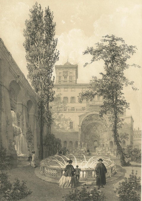 Gardens of the Quirinal Palace, Rome, Elegant Fountain Scene, 1868, close-up 2