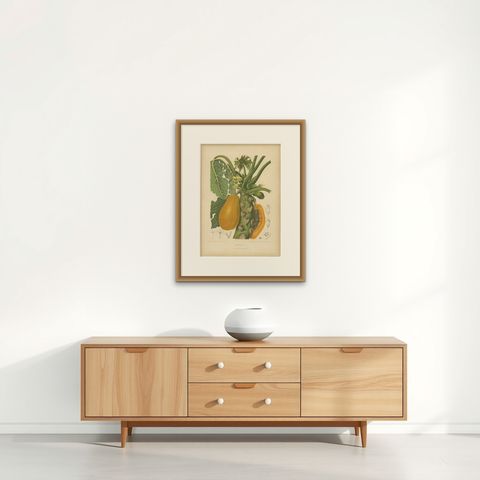 Antique Papaya Botanical Chromolithograph by Hoola van Nooten, c. 1880, shown framed on a wall, true to size