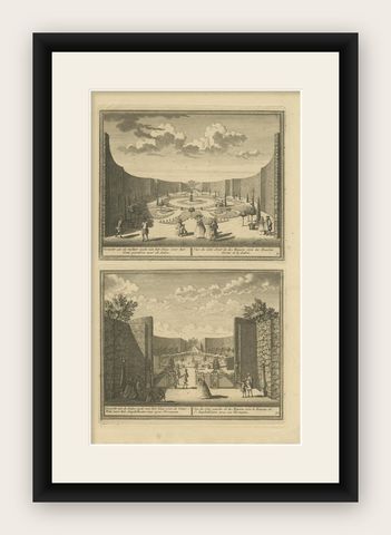 Antique Print of the Gardens of an Estate in Velsen, The Netherlands, circa 1730, shown framed
