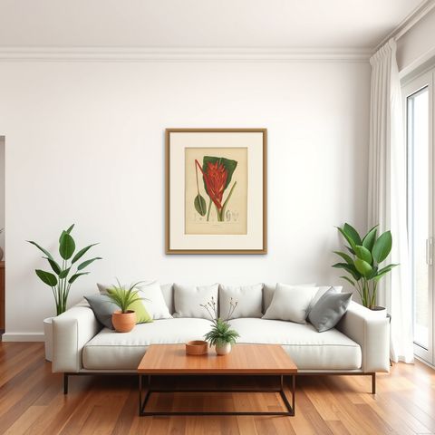 Antique Red Heliconia Botanical Chromolithograph by Hoola van Nooten, c. 1880, shown framed in a room, true to size