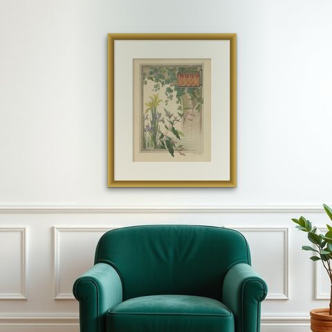 Graceful Water Blooms: Iris and Figwort in an Art Nouveau Setting, 1896, shown framed on a wall, true to size