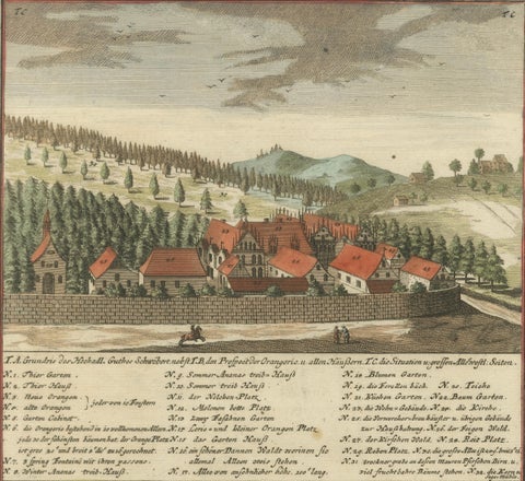 Grand Baroque Garden Estate View, Schwöbber Palace, Hand-Colored, 1708, close-up 2